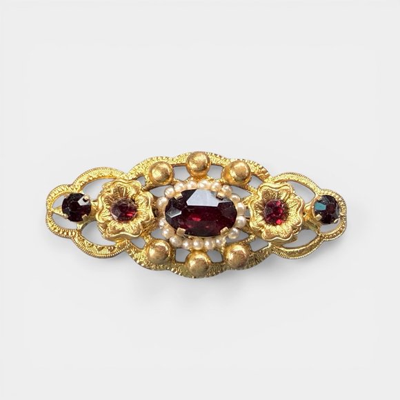 Vintage Jewelry - Vintage Czech Garnet Glass Brooch Seed Pearl Filigree Bar Pin Bohemian Jewelry